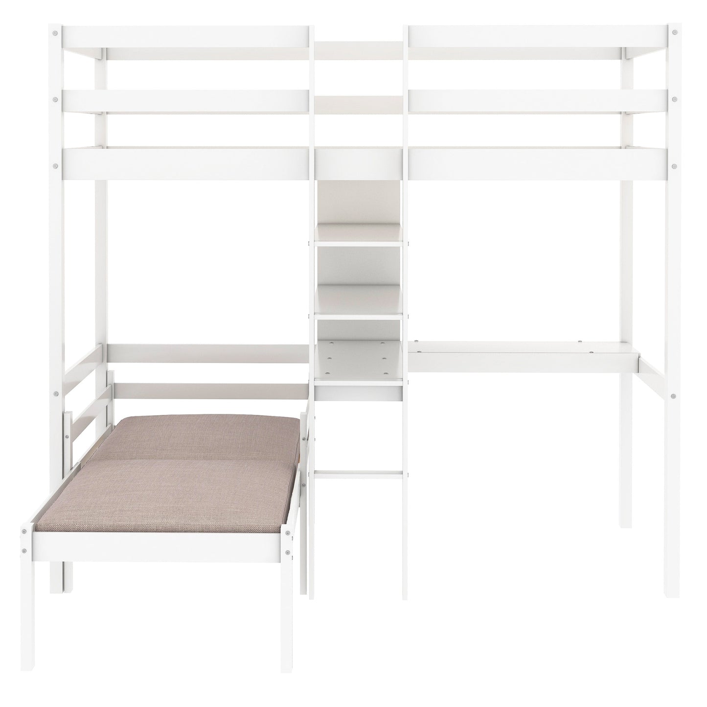 Convertible Loft Bed with L-Shape Desk, Twin Bunk Bed with Shelves and Ladder White