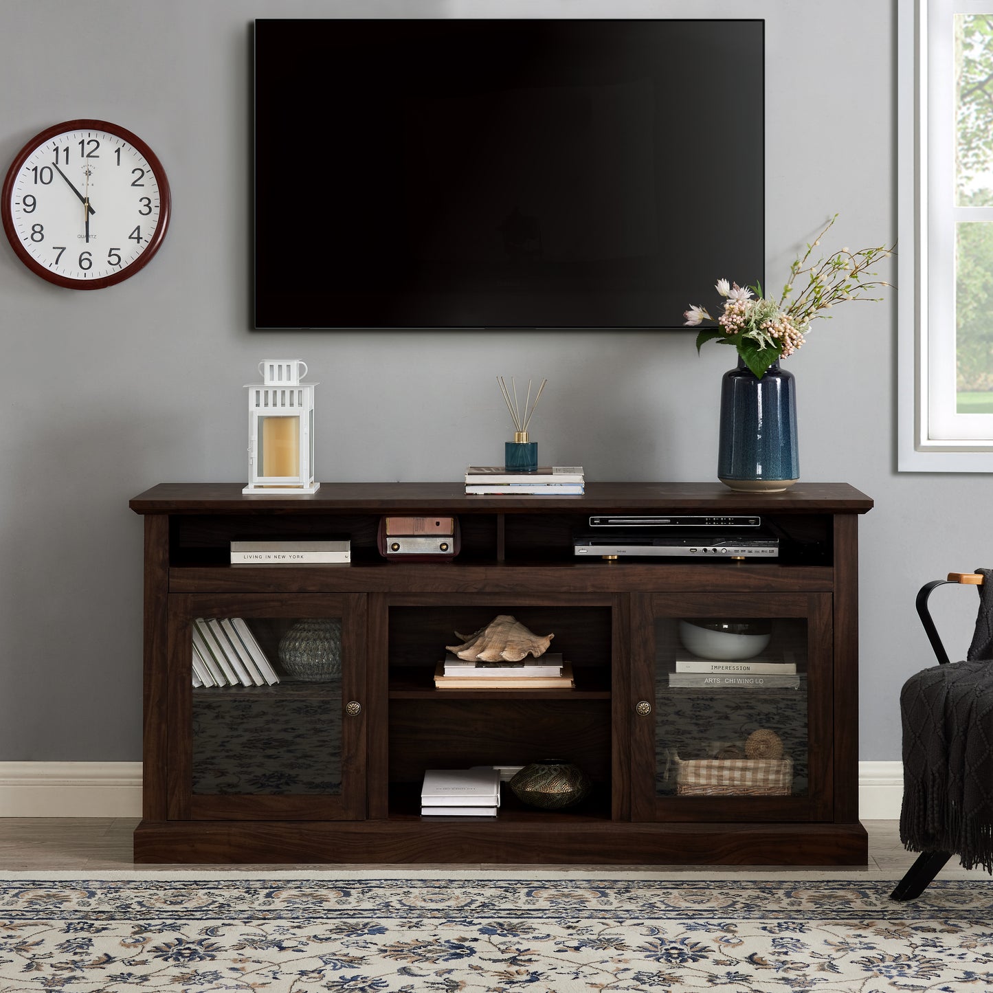 Contemporary TV Media Stand, Modern Entertainment Console in Brown Finish for Living Rooms