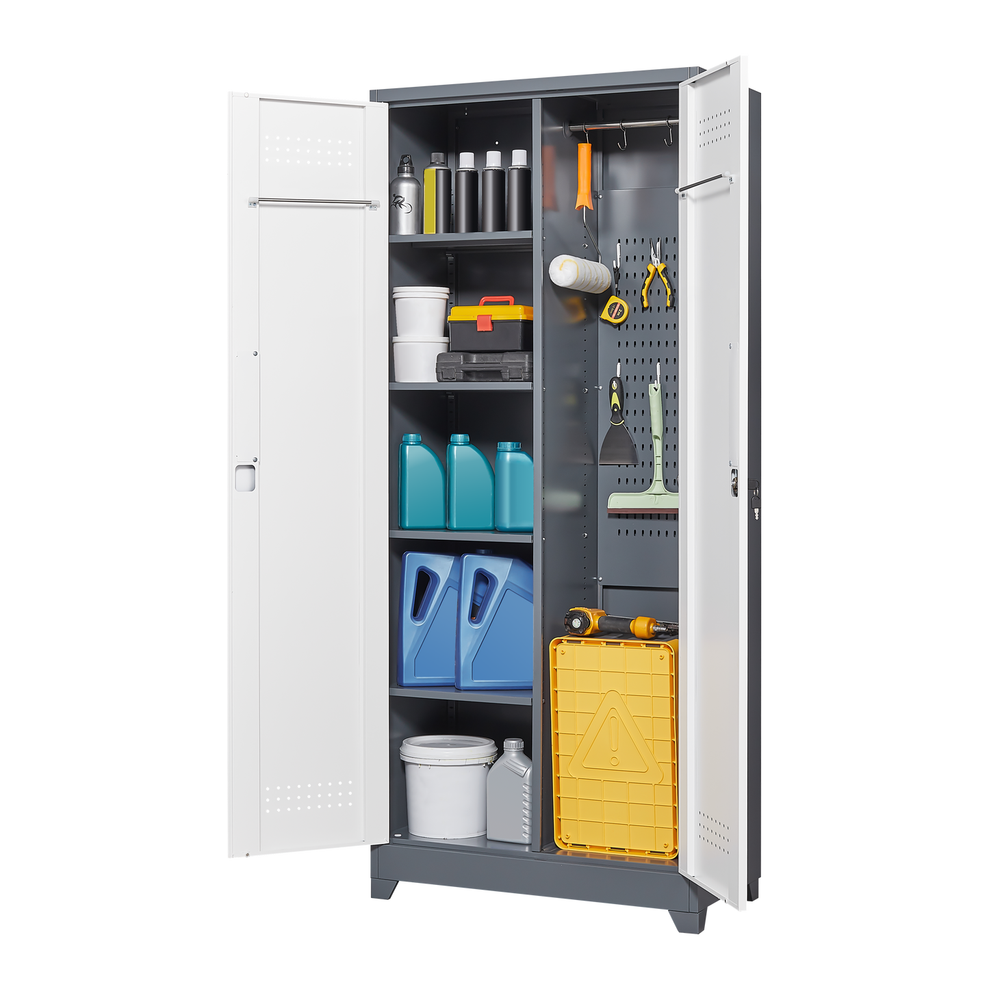 Metal storage cabinets, lockable cleaning tool cabinets, high broom tool organizers, and large storage cabinets in storage store