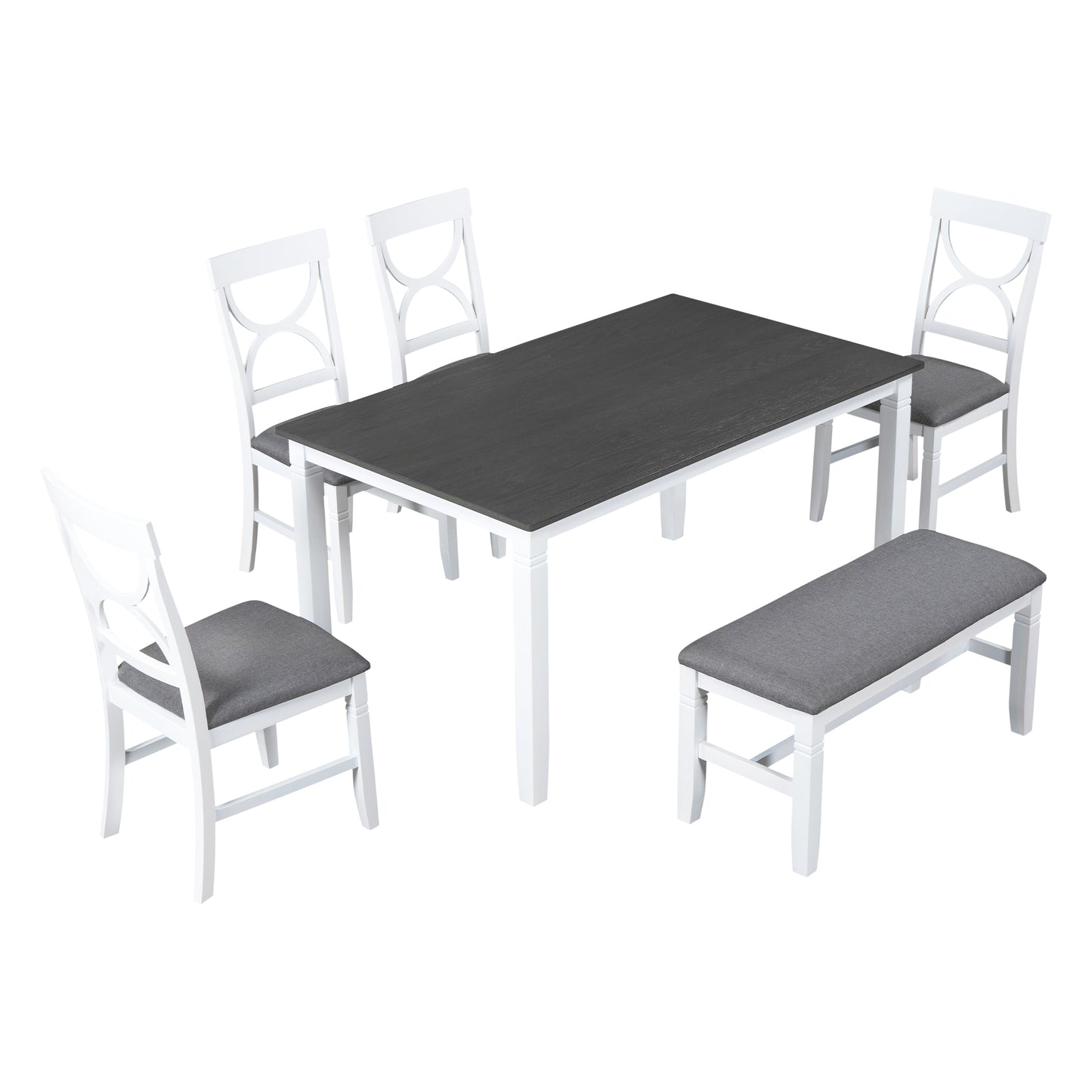 Juego de mesa de comedor de madera TOPMAX de 6 piezas con banco tapizado y 4 sillas, estilo rústico en gris y blanco