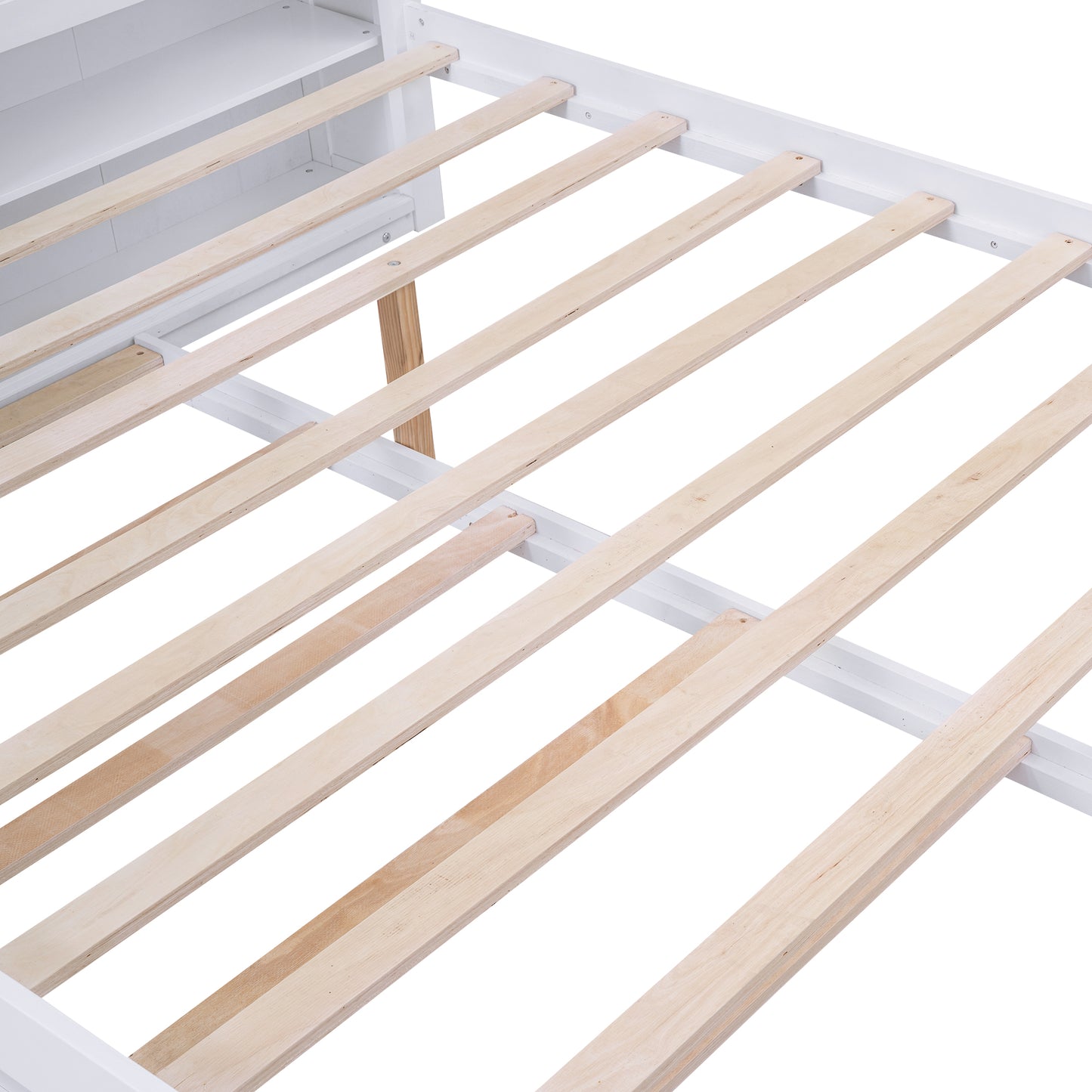 Queen Size Storage Platform Bed with Pull Out Shelves and Twin XL Size Trundle  White