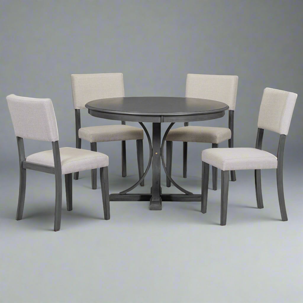 Juego de mesa de comedor redonda retro de cinco piezas TREXM con soportes curvos y 4 sillas acolchadas, gris oscuro