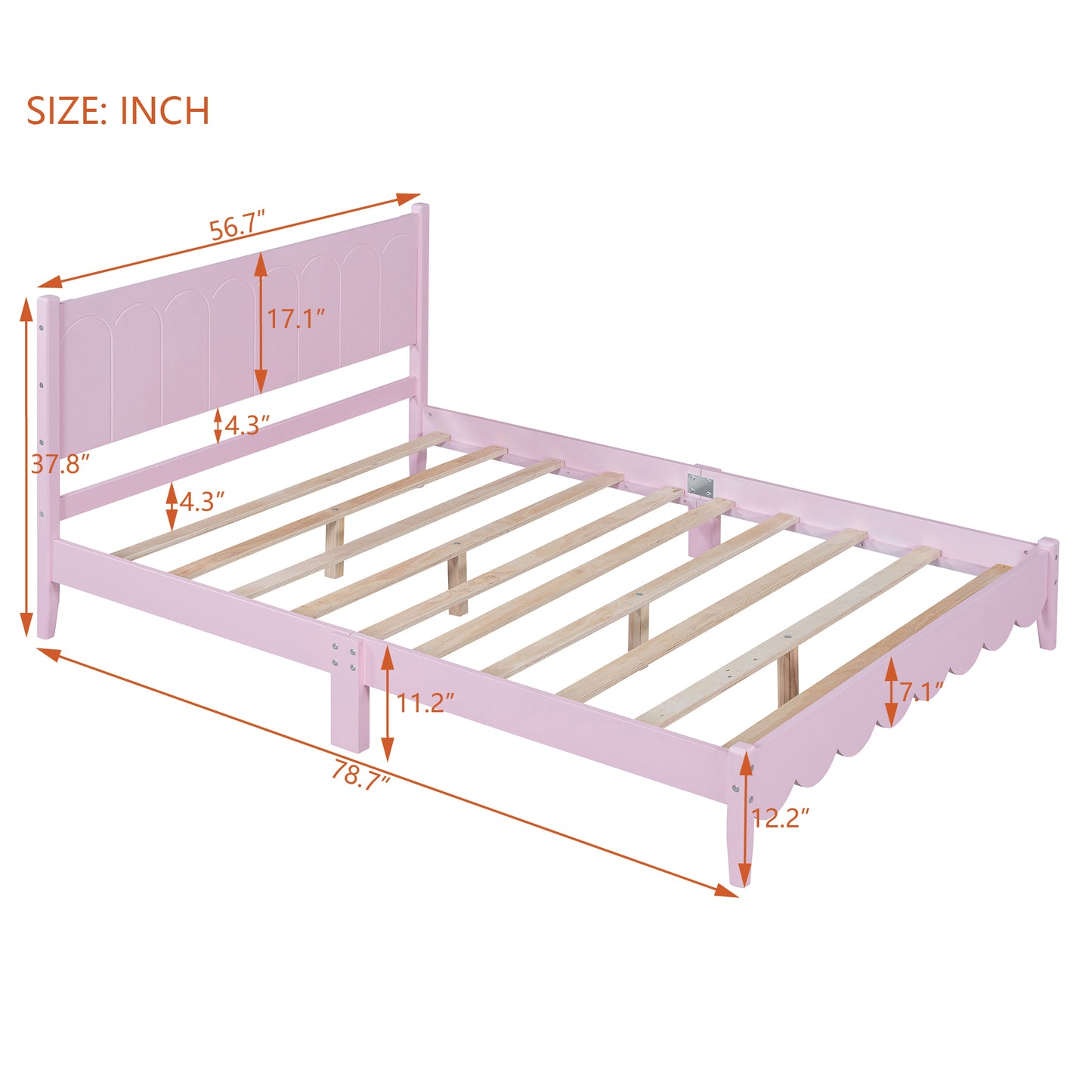 Full Size Wood Platform Bed Frame, Retro Style Bed with Rectangular Headboard,No Need Box Spring,Pink