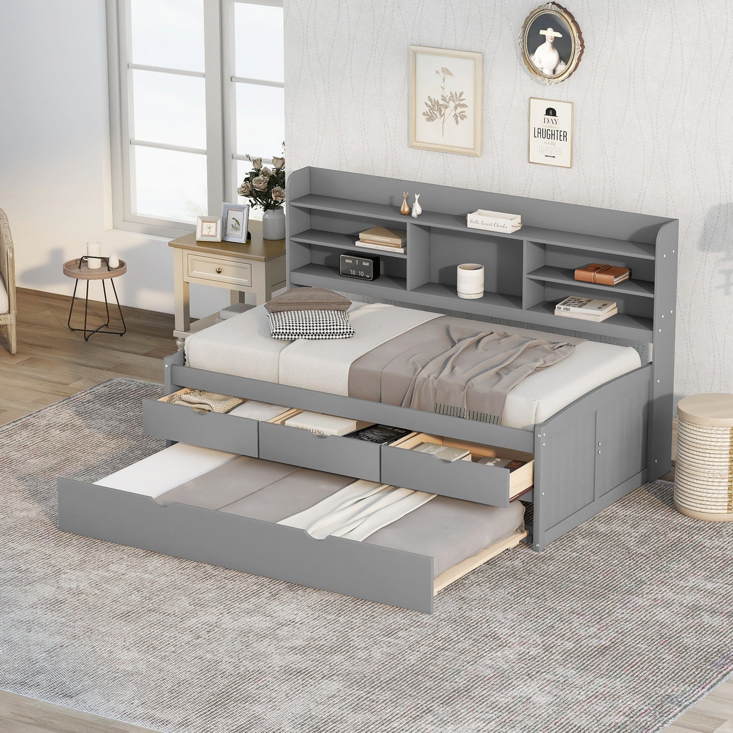 Twin Size Wooden Captain Bed with Built-in Bookshelves,Three Storage Drawers and Trundle Light Grey