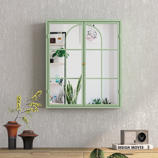 Vintage Two Door Wall Cabinet with Mirror Three-level Entrance Storage Space Green