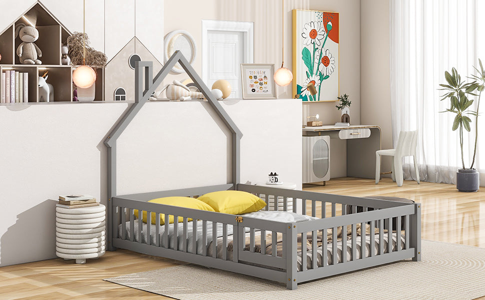 Full House-Shaped Headboard Floor Bed with Fence Grey