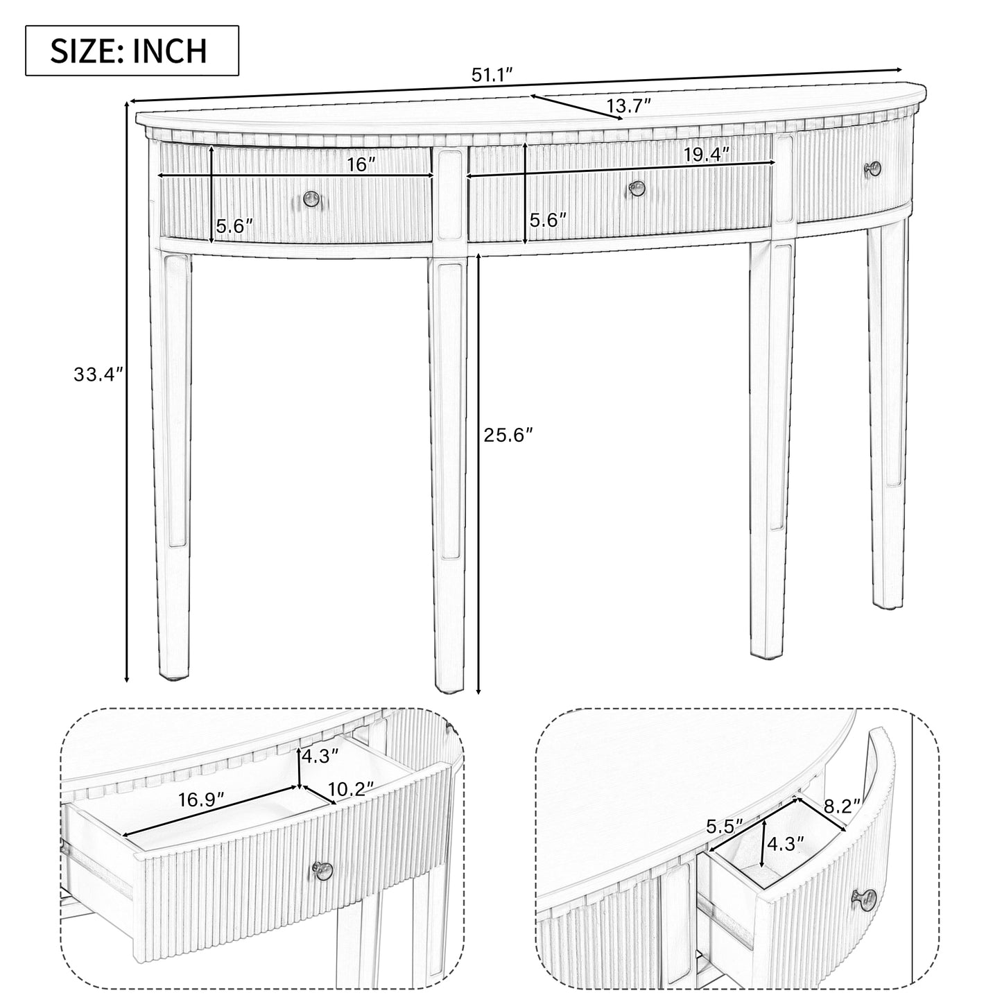 Mesa consola estilo U de chapa de pino con frentes de cajones con rayas verticales y cuatro patas