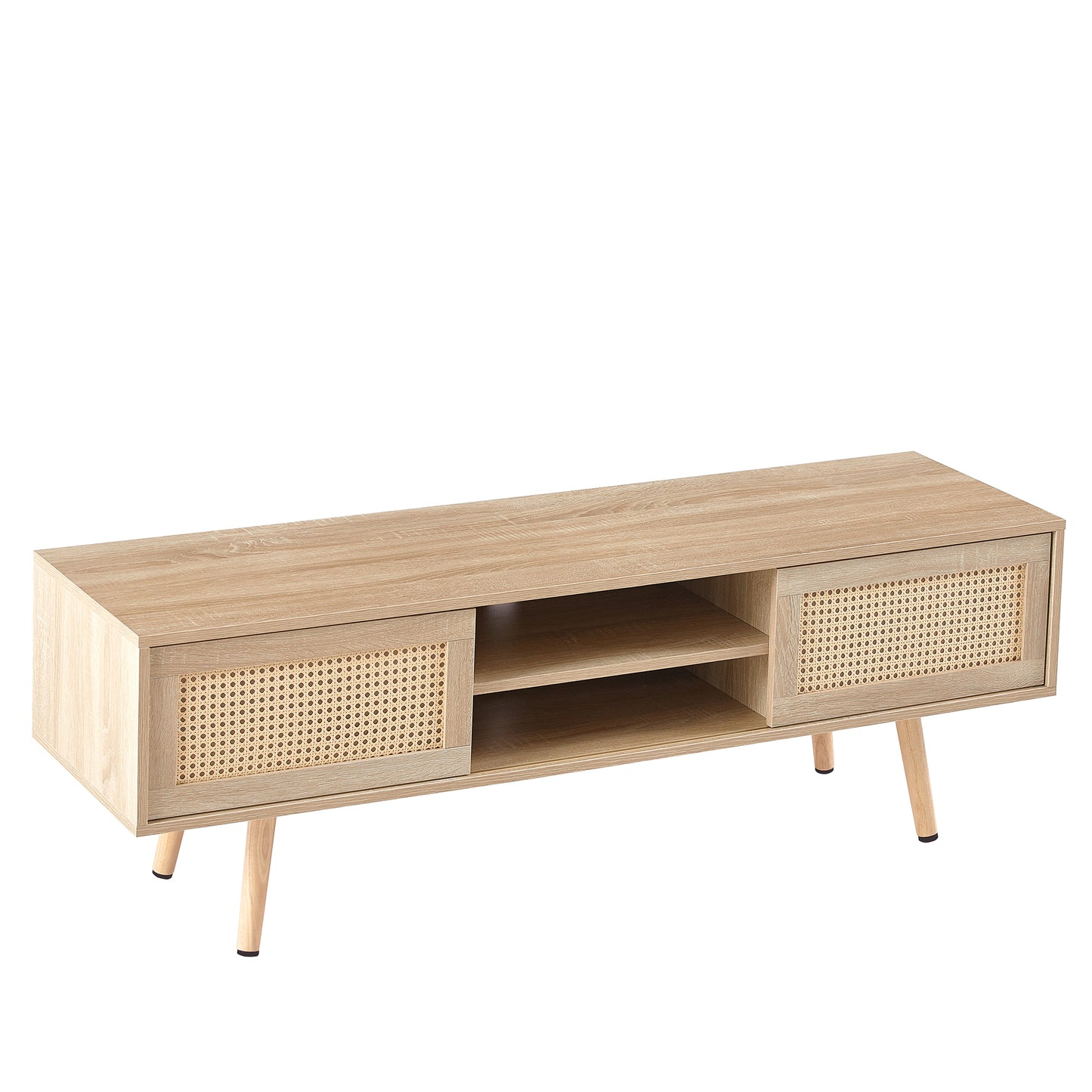 Rattan TV cabinet double sliding doors for storage adjustable shelf solid wood legs TV console for living room natural