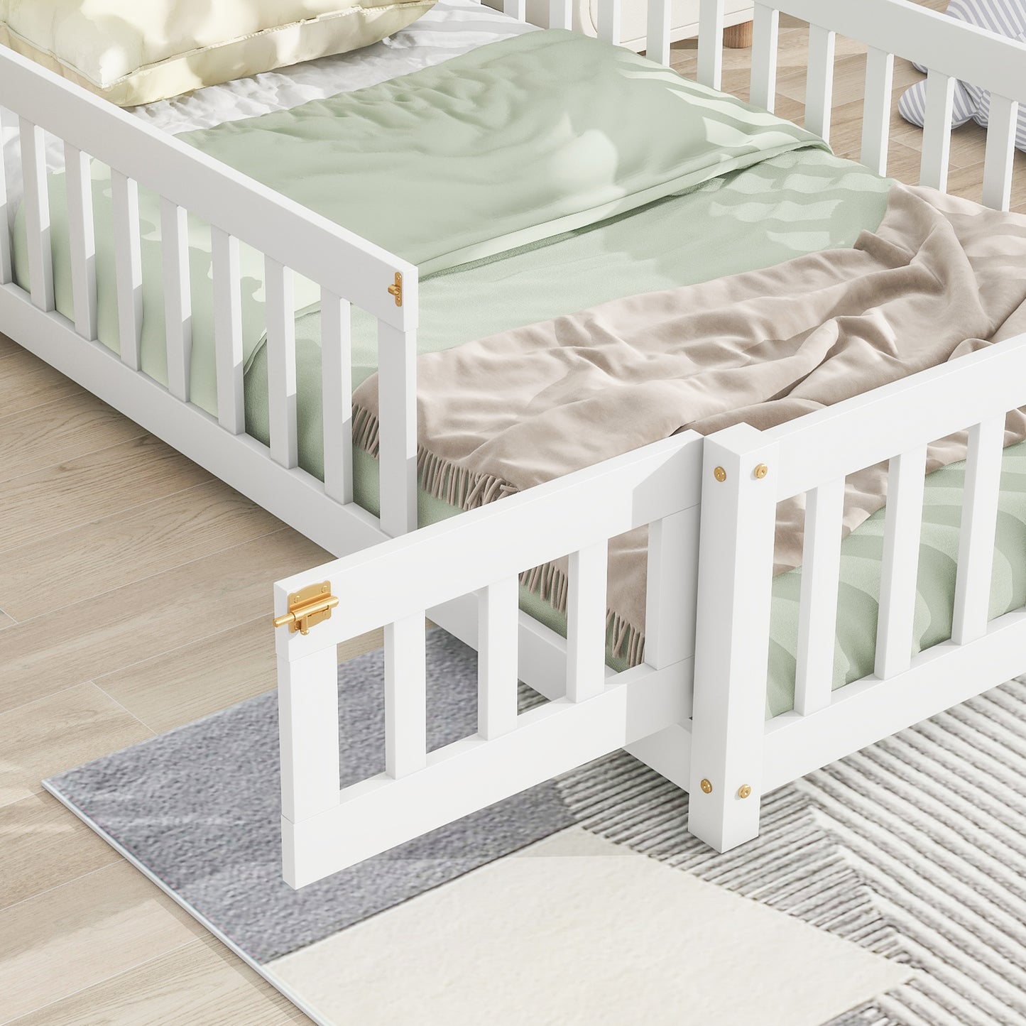 Twin House-Shaped Headboard Floor Bed with Fence White