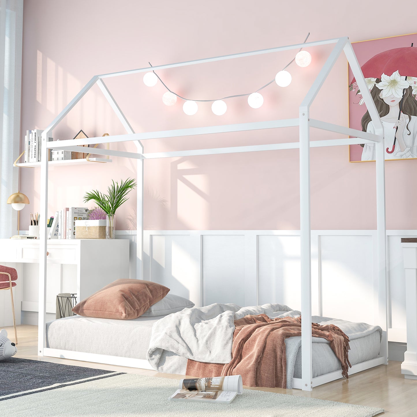 House Bed Frame Twin Size Kids Bed Frame Metal Platform Bed Floor Bed for Kids Boys Girls No Box Spring Needed White