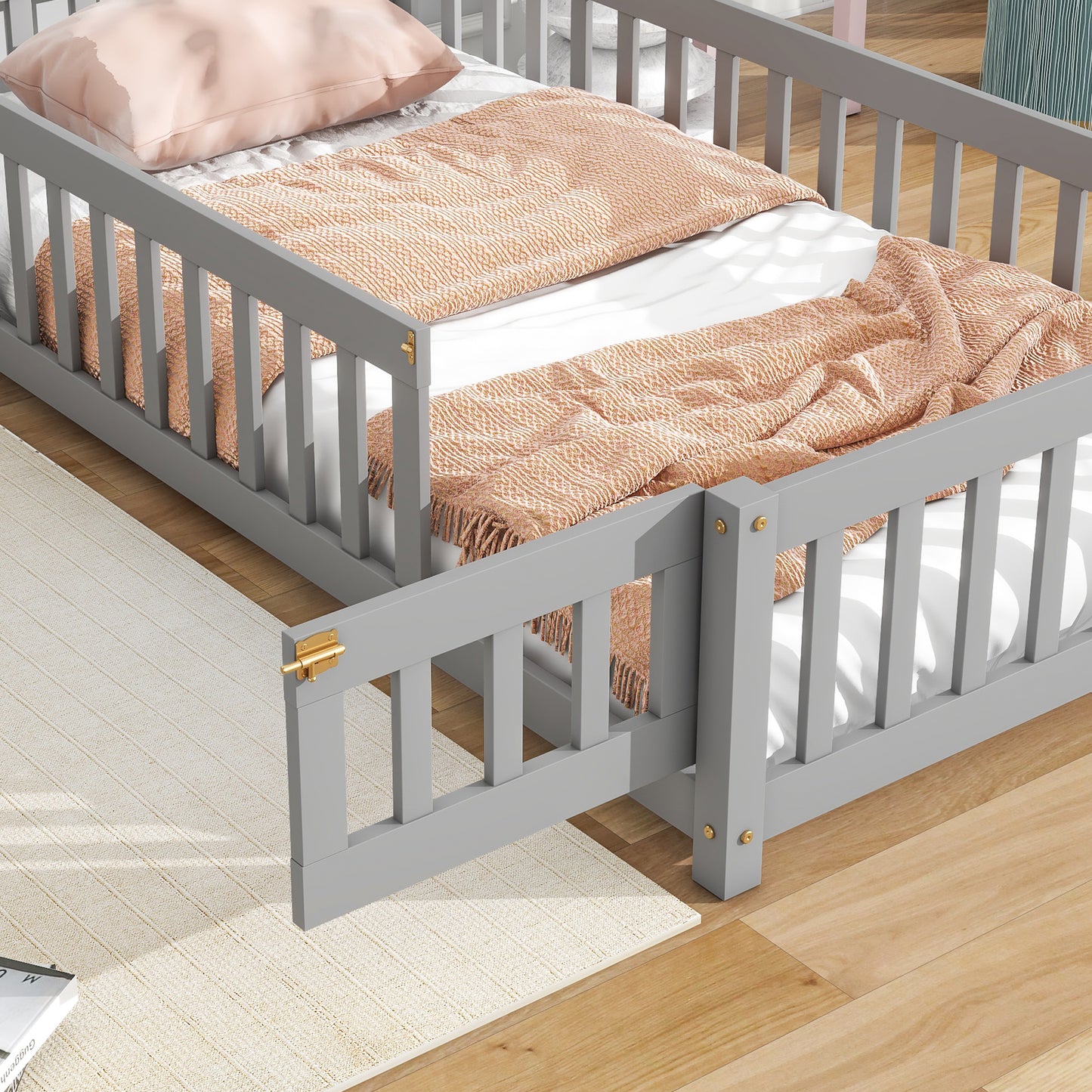 Twin House-Shaped Headboard Floor Bed with Fence Grey