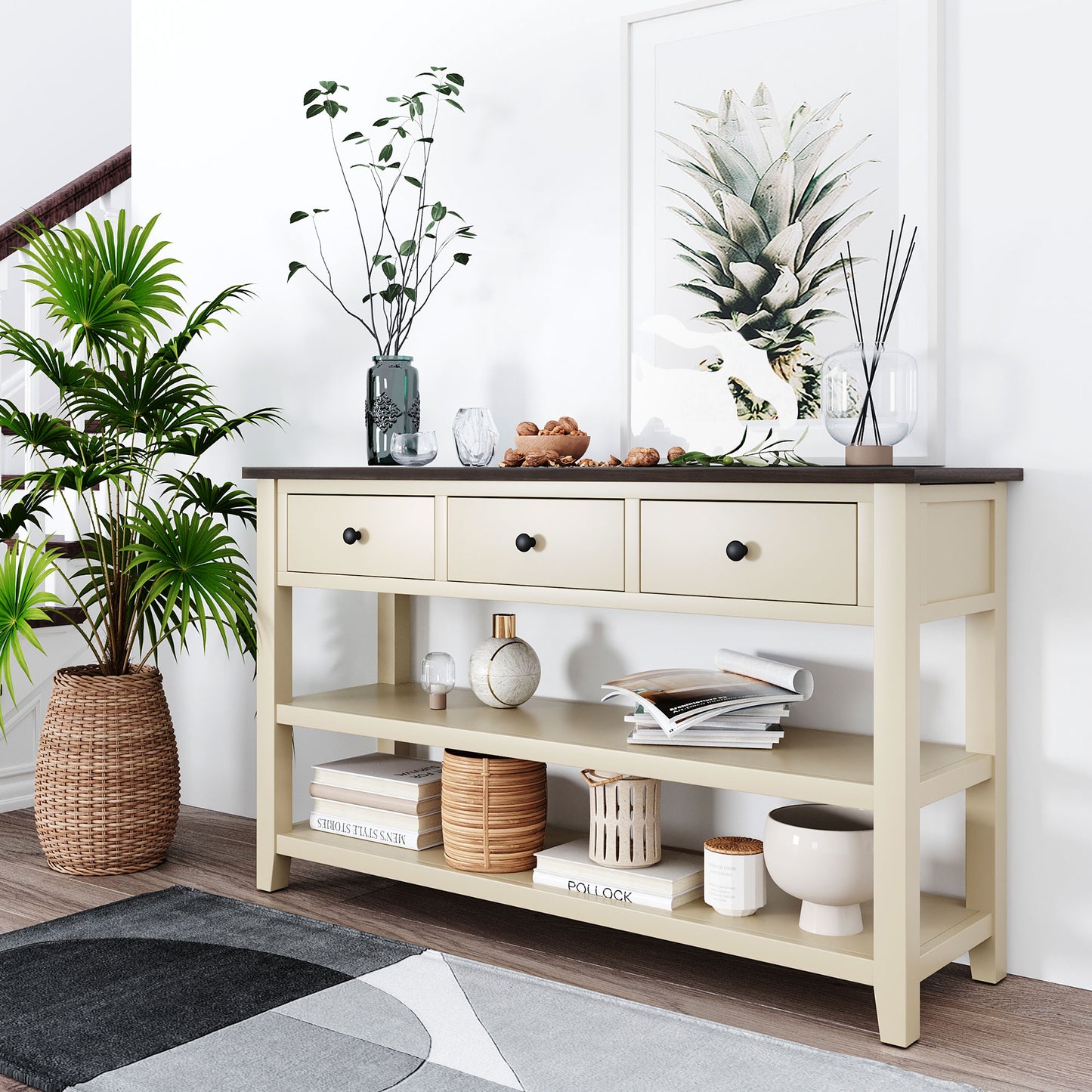 Retro Design Console Table with Two Open Shelves, Pine Solid Wood Frame and Legs, Espresso and Beige Finish