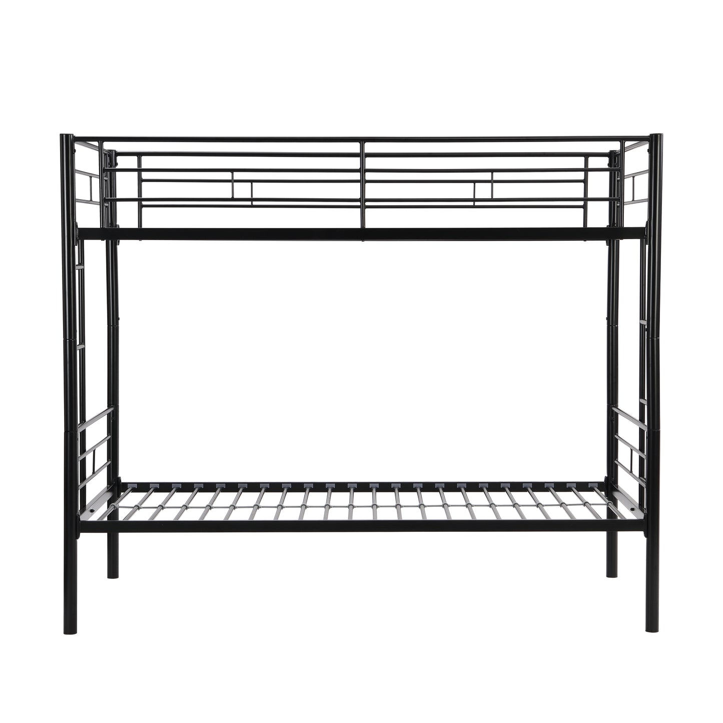 Cama de dos pisos con cama superior tamaño twin, 2 escaleras y barandilla de longitud completa, acabado negro