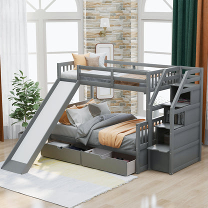 Twin over Full Bunk Bed with Drawers Storage and Slide  Multifunction Gray