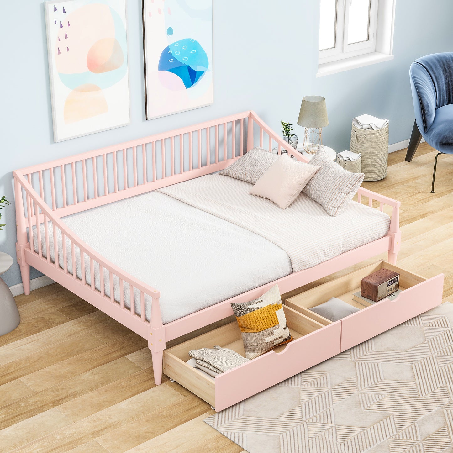 Full Size Daybed with Two Storage Drawers and Support Legs Pink