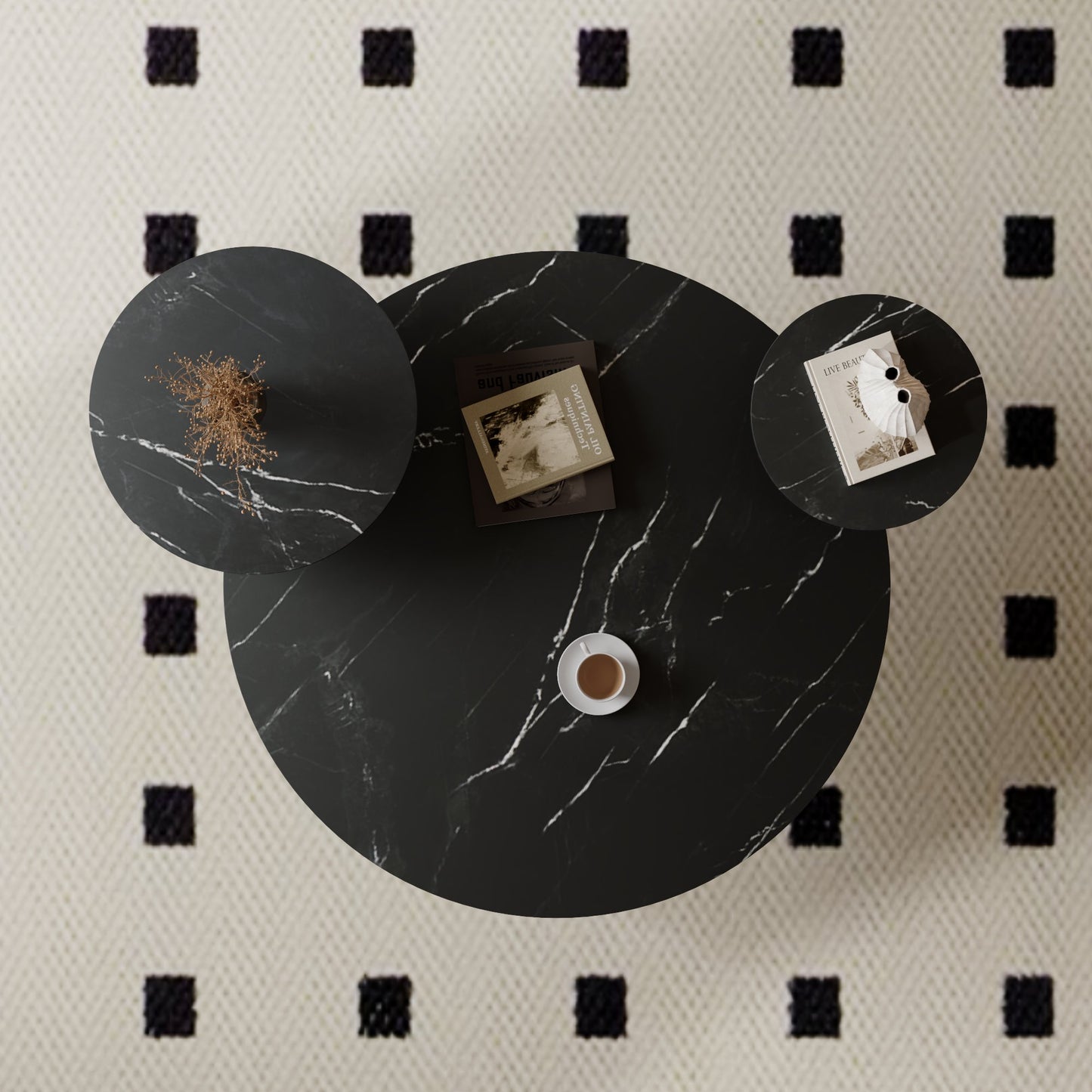 Modern coffee table with two display shelves, Black Faux marble surfaces, Tripod-inspired base,Rounded tabletop edges