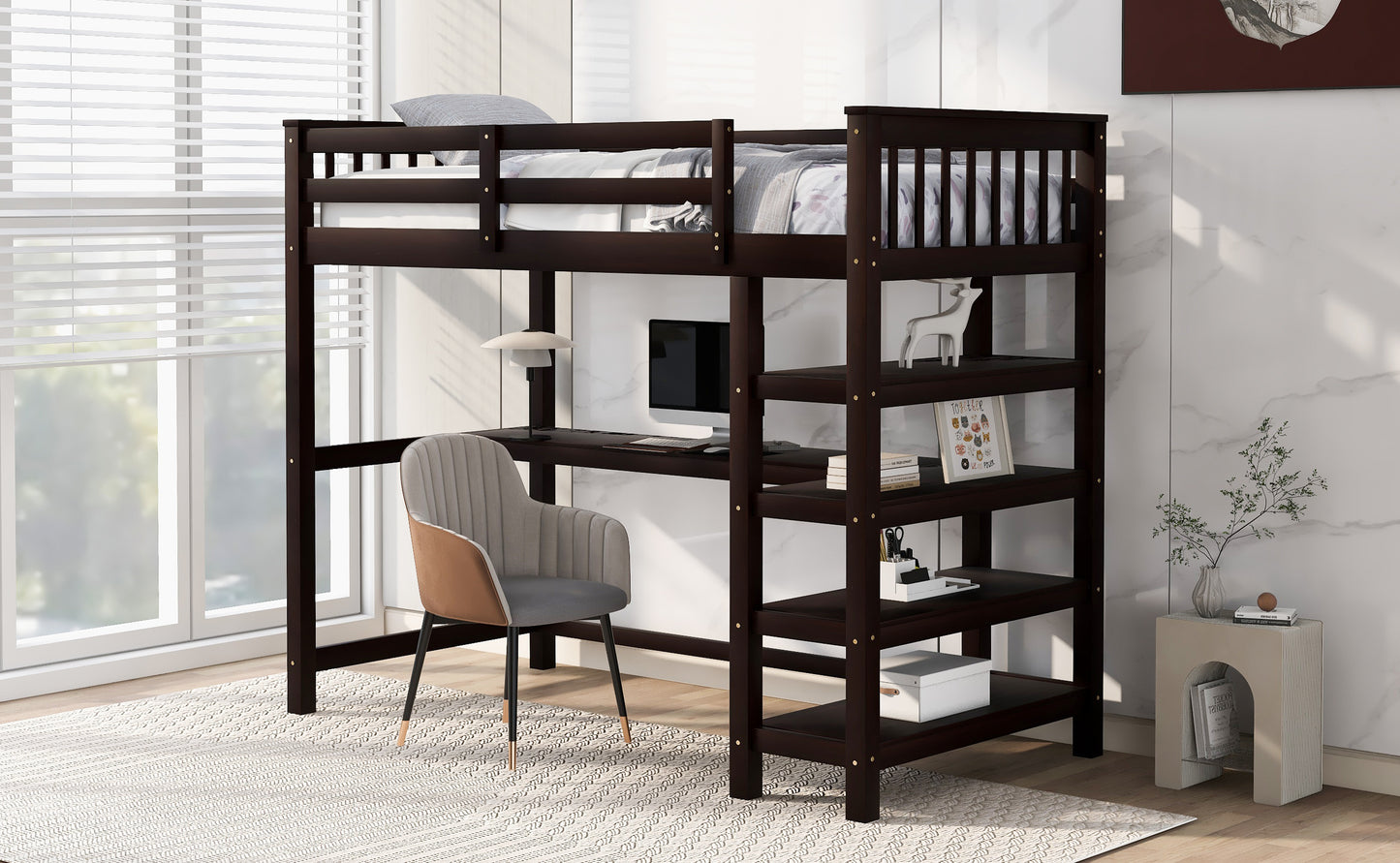 Twin Size Loft Bed with Storage Shelves and Under-bed Desk  Espresso