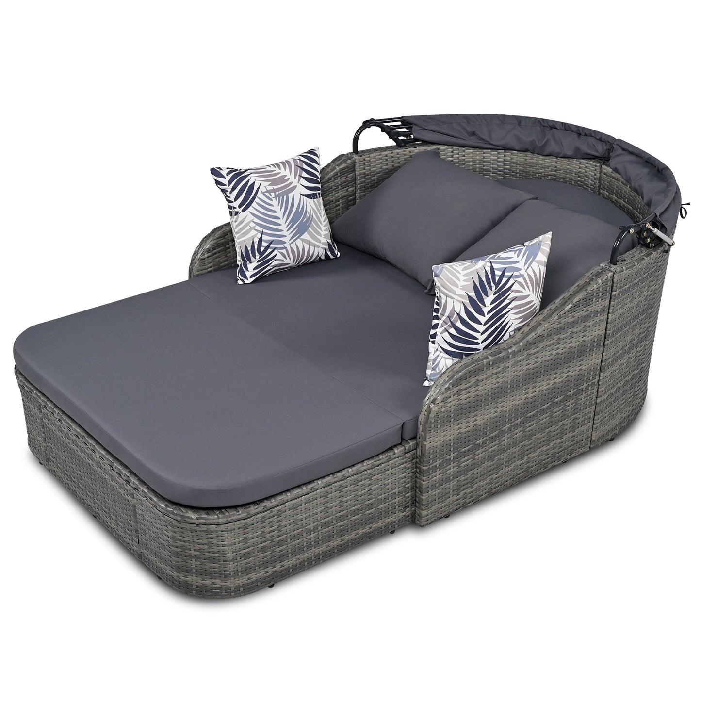 GO 79.9" Outdoor Sunbed with Adjustable Canopy, Double Lounge in Gray Wicker and Cushion