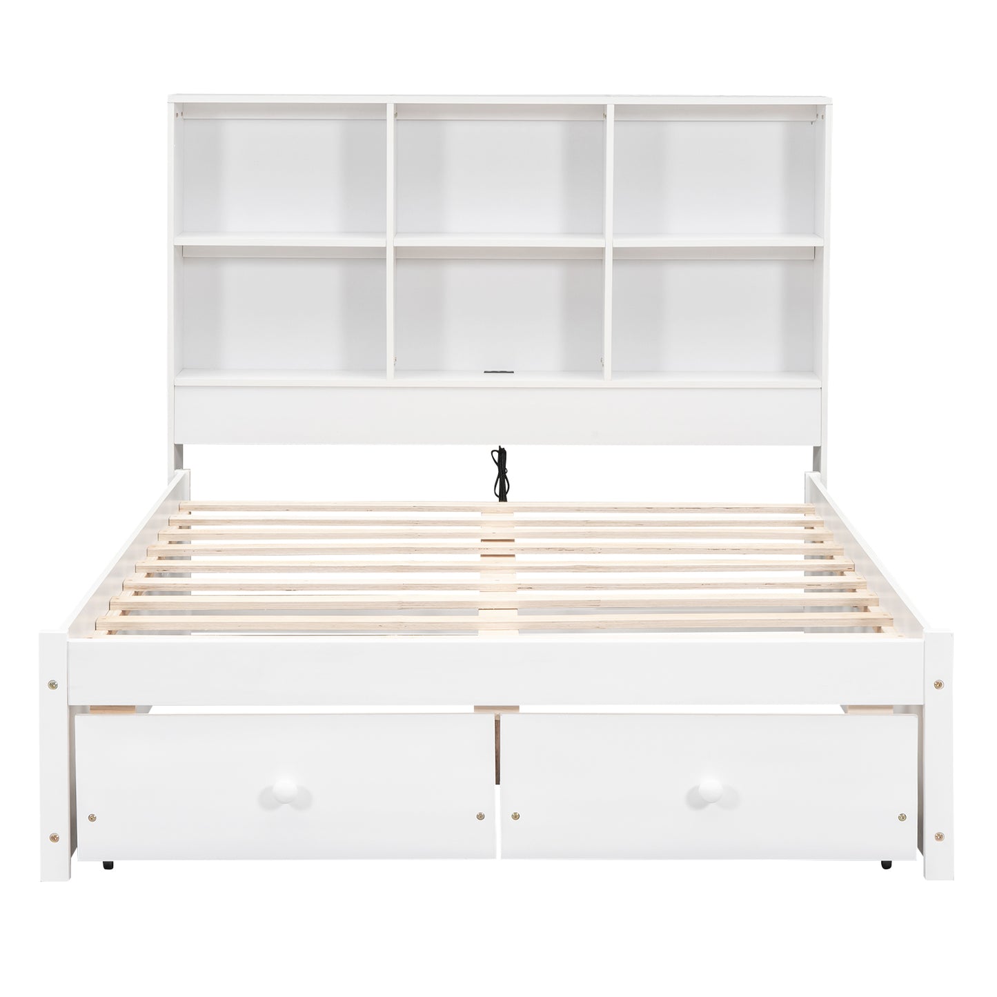 Full Size Platform Bed with Storage Headboard, Charging Station and 2 Drawers White