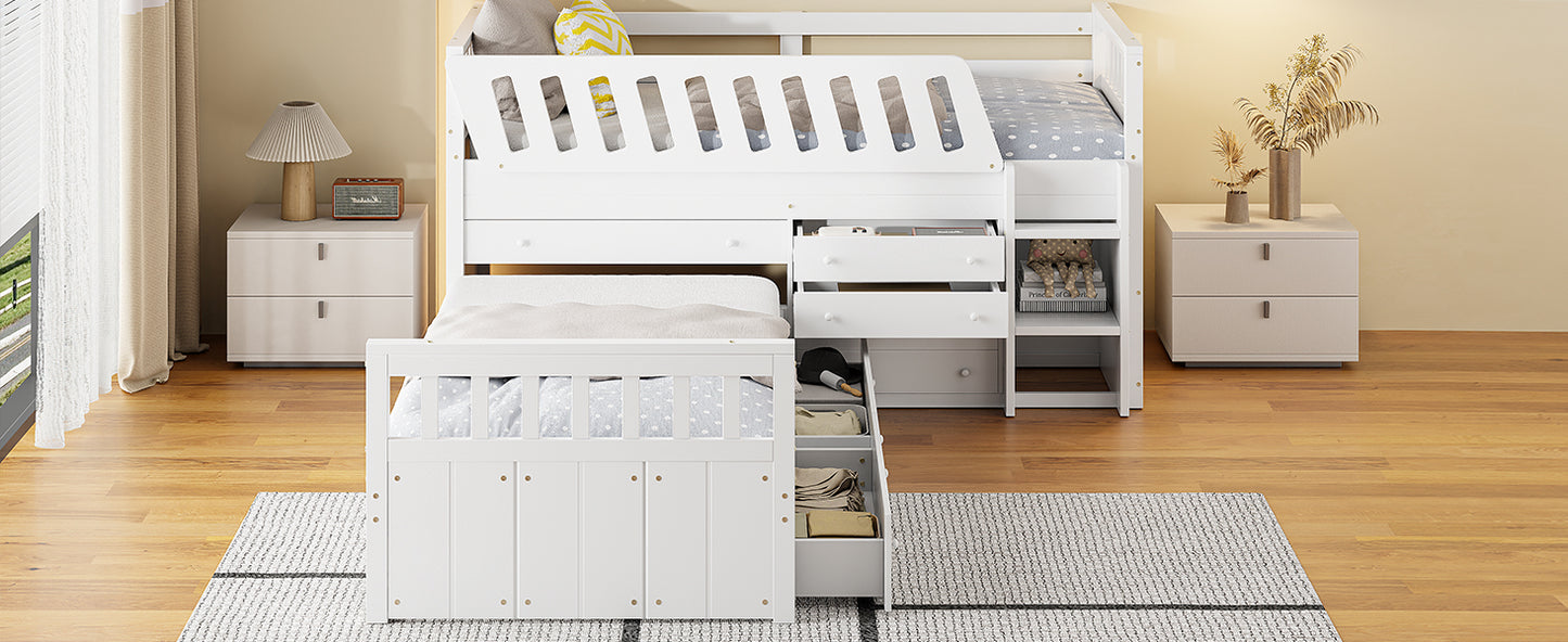 L-shaped Space-Saving Twin Loft and Twin Platform Bed with 7 Drawers and Full Guardrails(WHITE)