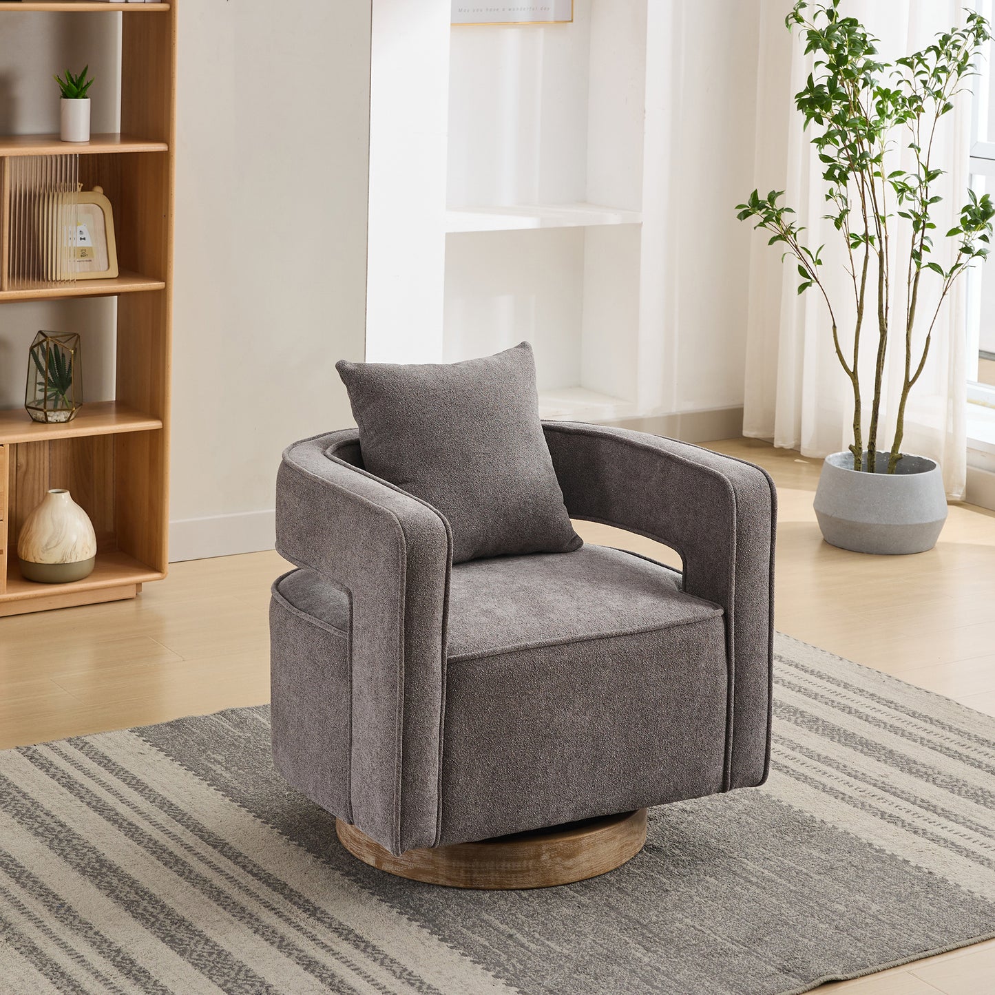 Swivel Accent Open Back Chair Modern Comfy Sofa Chair With Weathered Base (Charcoal,Linen Blend)