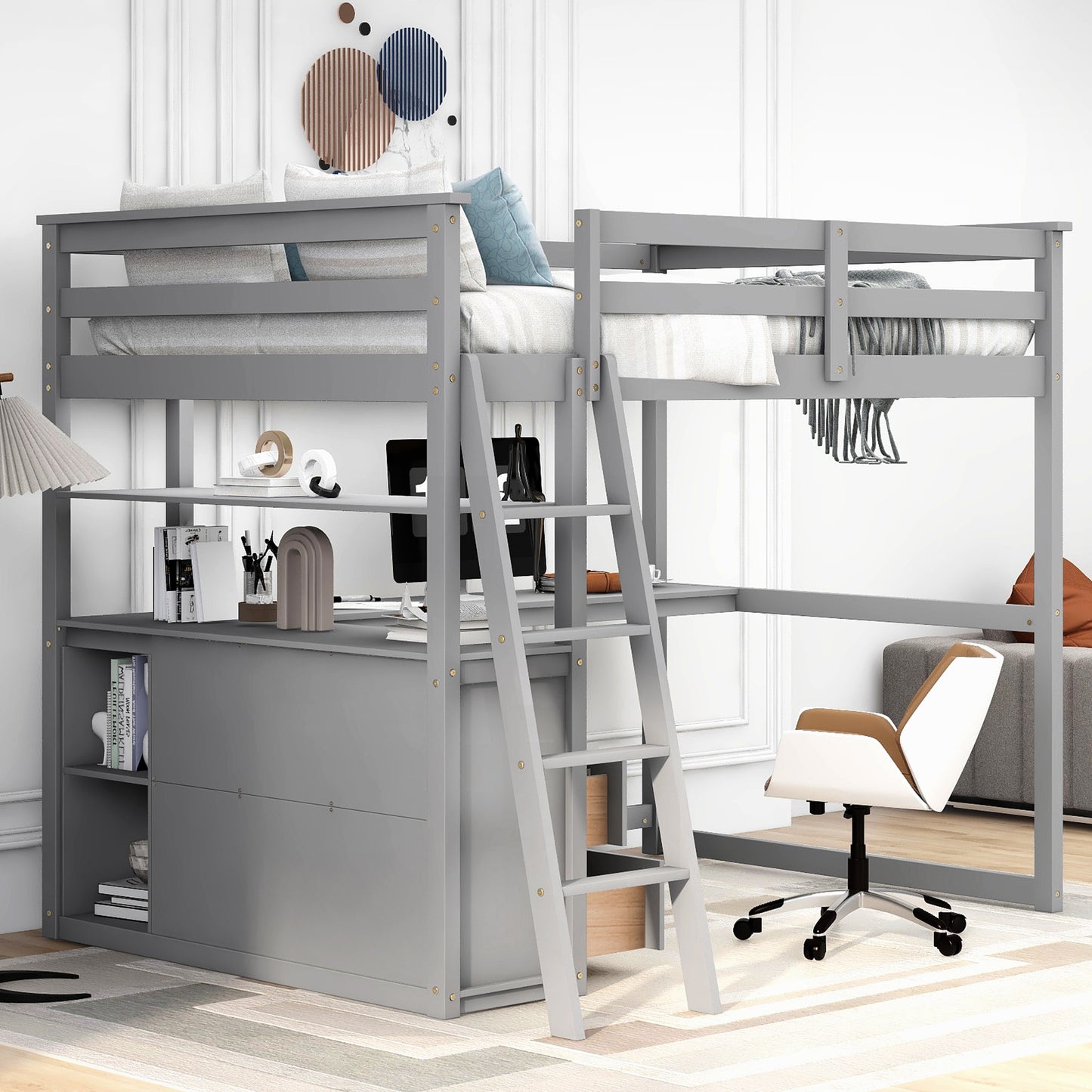 Full Size Loft Bed with Desk and Shelves,Two Built-in Drawers Gray