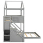 Twin over Full House Bunk Bed with Storage Staircase and Blackboard, Gray Finish