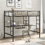 Loft Bed with Desk and Shelf, Space-Saving Design in Full Black Finish