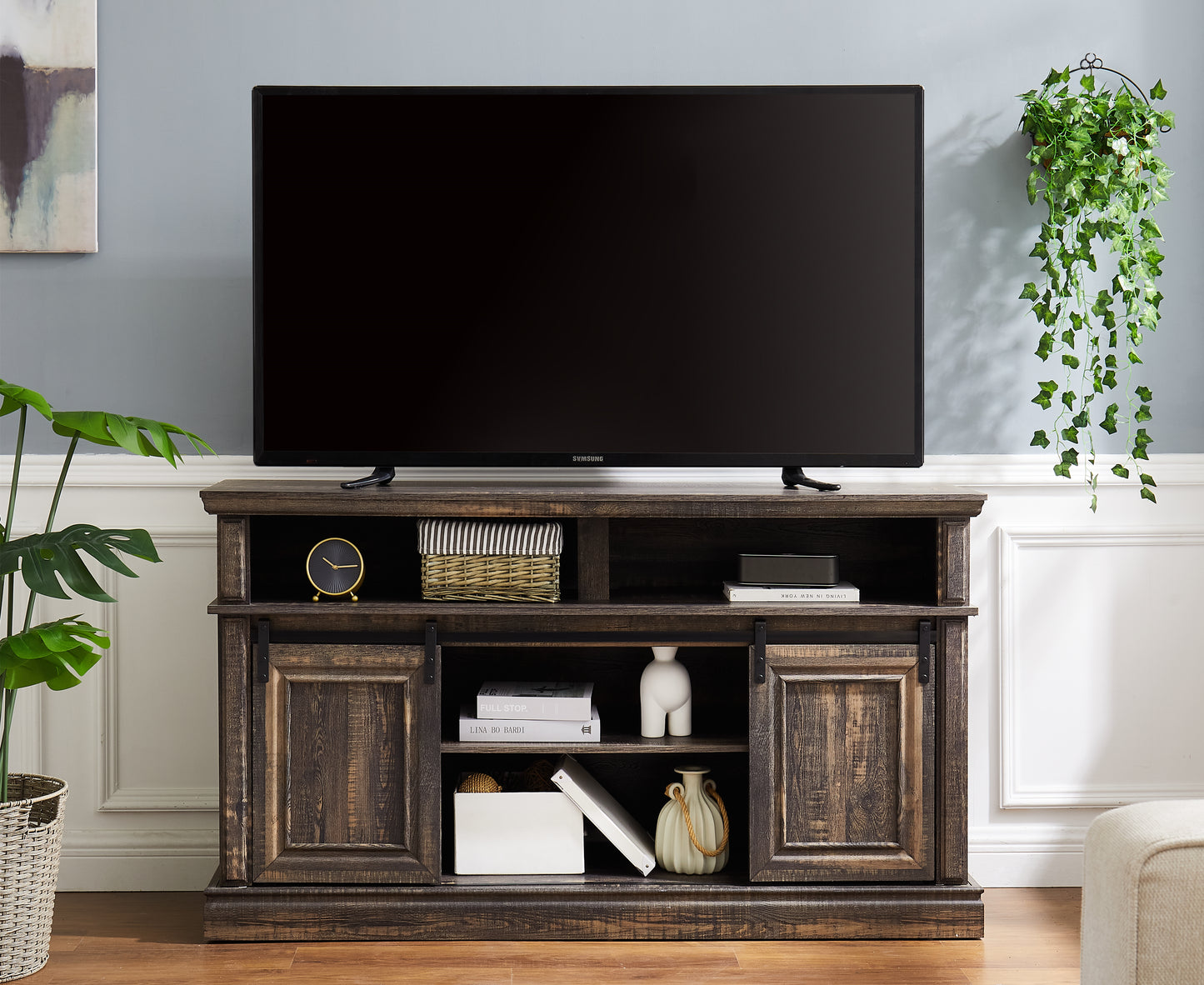 Mid Century Style Sliding Door TV Table with Storage Cabinet 58.11 * 15.79 * 32.36 inches Antique Brown