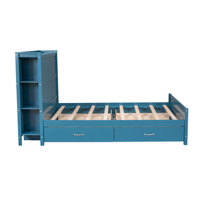Full Platform Bed with Storage Shelves Blue