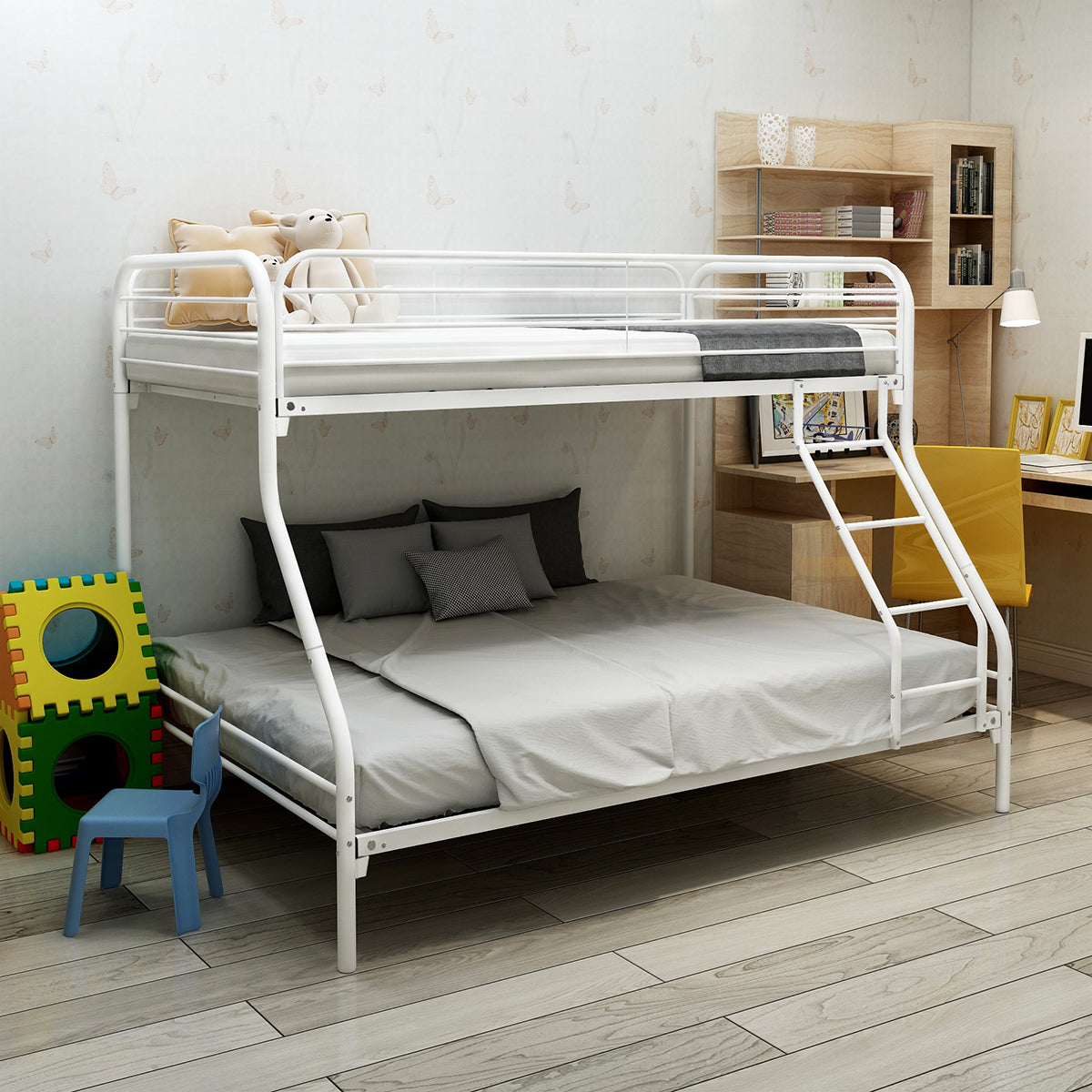 Heavy Duty Twin-Over-Full Metal Bunk Bed Easy Assembly with Enhanced Upper-Level Guardrail White