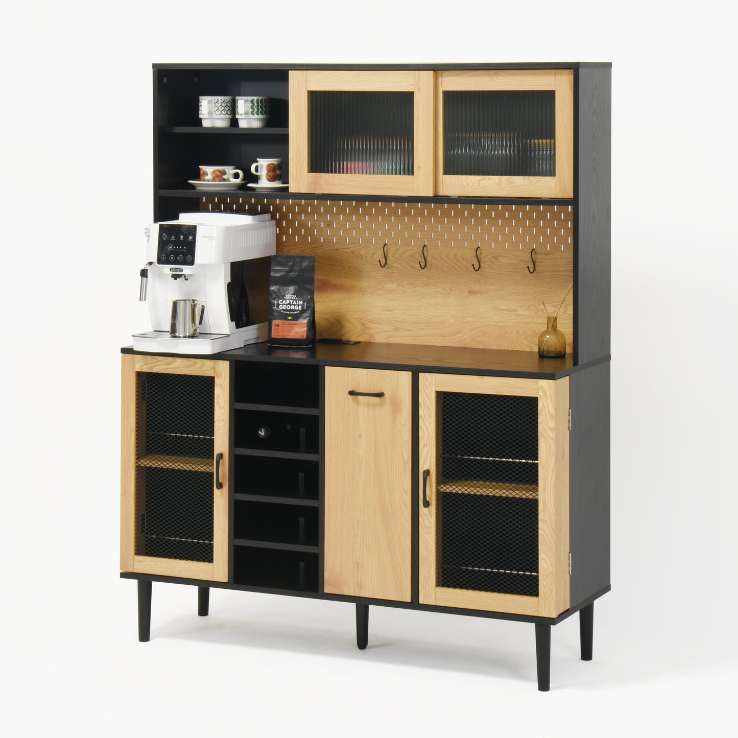 buffet side cabinet with storage door and power outlet, coffee bar cabinet with wine rack, black and natural colors