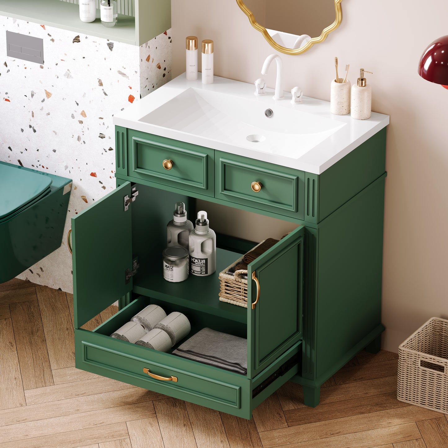 30" Uncovered Bathroom Vanity with Soft-Closed Door, Solid Wood Frame Storage Cabinet, Green Finish