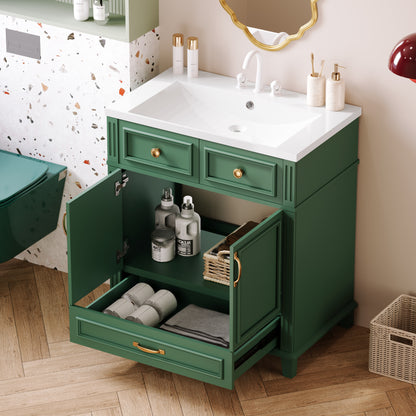 Mueble de baño descubierto de 30" con puerta de cierre suave, gabinete de almacenamiento con marco de madera maciza, acabado verde