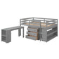 Low Study Full Loft Bed with Cabinet Shelves and Rolling Portable Desk Multiple Functions Bed- Gray