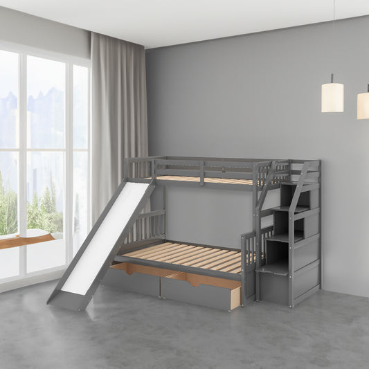 Twin over Full Bunk Bed with Drawers Storage and Slide  Multifunction Gray