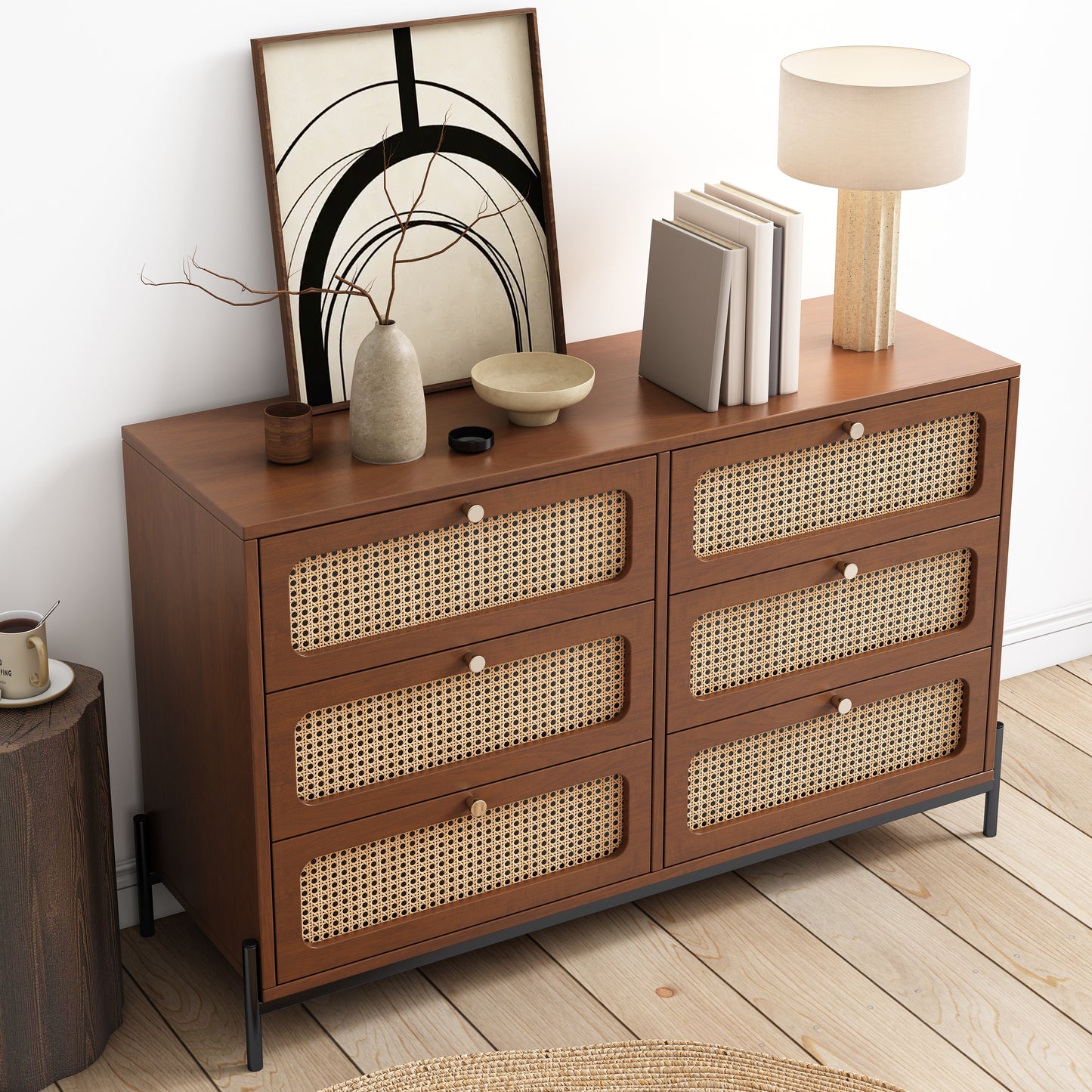 Modern Hemp Vine Wood Closet with 6 Drawers, Dressing Table, and Walnut Wood Side Panel