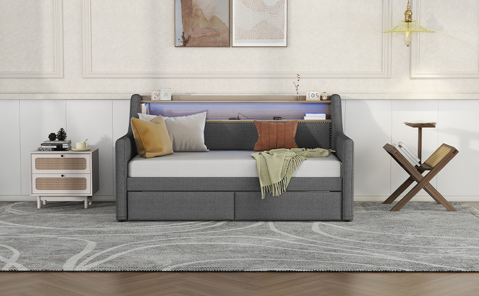 Twin Size Daybed with Storage Drawers, Upholstered Daybed with Charging Station and LED Lights, Gray