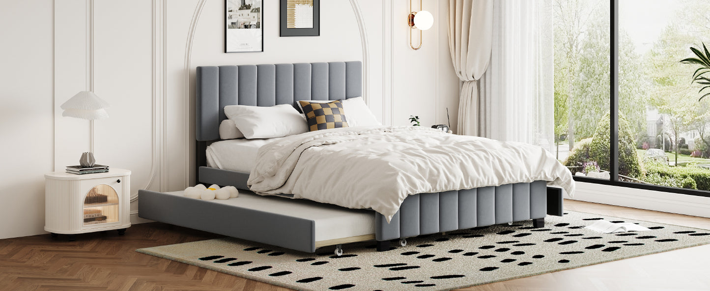 Queen Size Velvet Upholstered Platform Bed with 2 Drawers and 1 Twin XL Trundle- Gray