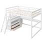 Full Size Loft Bed with Desk and Shelves,Two Built-in Drawers White