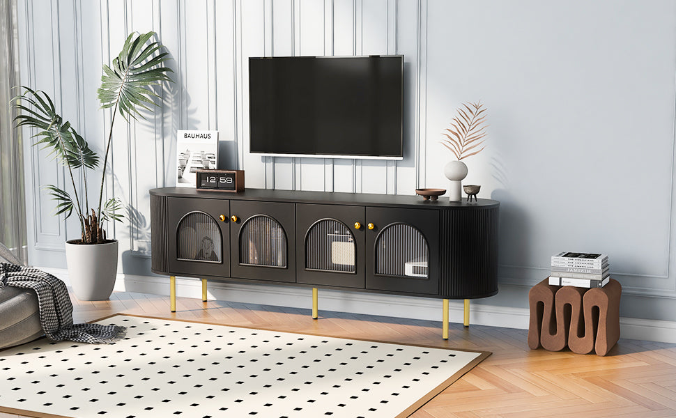 U-Can Modern TV Stand for TVs up to 80 Inches with 4 Cabinets with Metal Legs and Handles for Living room, Black