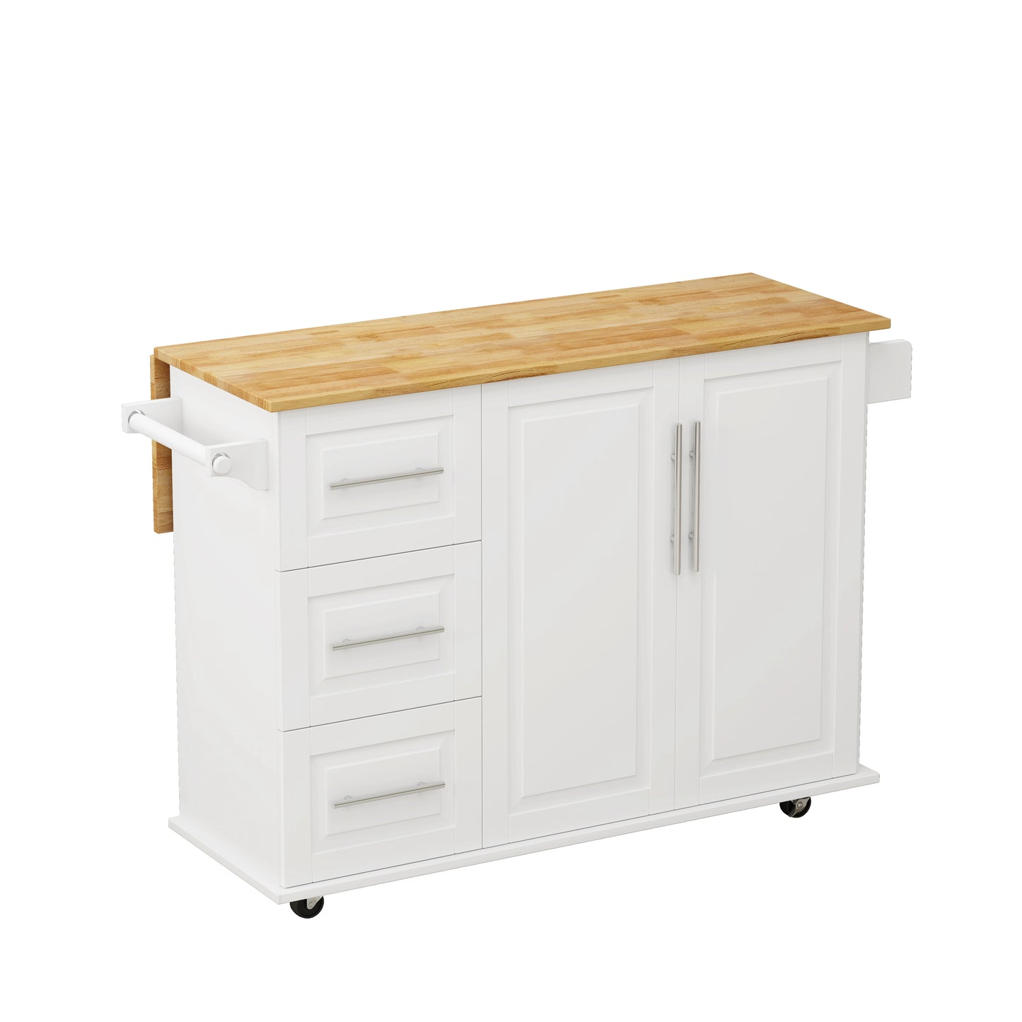 Kitchen Island Cart with 2-Door Cabinet, 3 Drawers, Spice Rack, and Towel Rack, 43.31-Inch Width in White