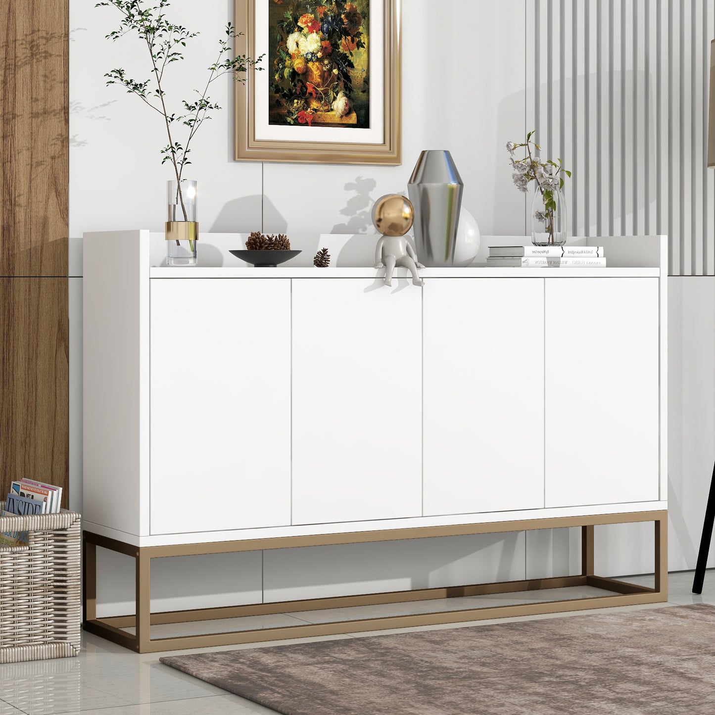 TREXM Modern Sideboard Buffet Cabinet with Large Storage Space, Elegant Design for Dining Rooms and Entryways, White