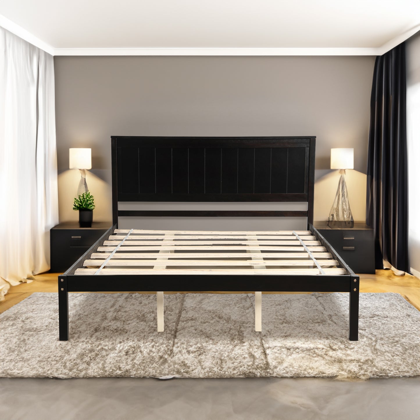 Platform Bed Frame with Headboard, Wood Slat Support, No Box Spring Needed, Queen Size in Espresso