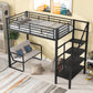 Twin Size Metal Loft Bed with Bench and Storage Staircase  Black