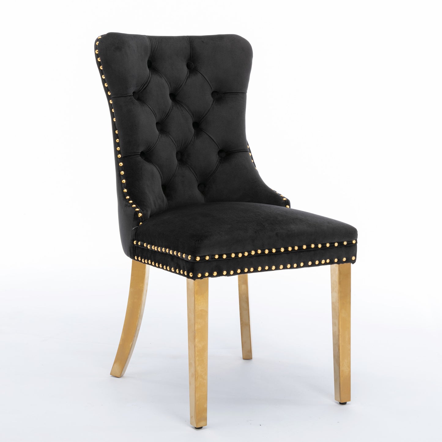 Solid wood velvet cushion chair, gold-plated stainless steel chair leg nail head decoration 2-piece set in black and gold