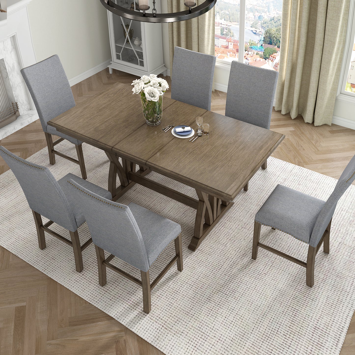 TOPMAX Mid-Century Solid Wood 7-Piece Expandable Dining Table Set with Soft Cushioned Chairs, Gold Brown and Gray