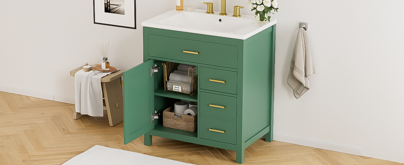 30-Inch Green Bathroom Vanity with Ceramic Sink and Ample Storage - Ideal Choice for Small Bathrooms