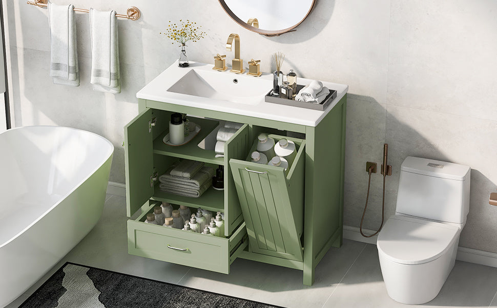 36" Bathroom Vanity with Sink, Double Door Cabinet, Large Drawer, and Flip Drawer, Green Finish