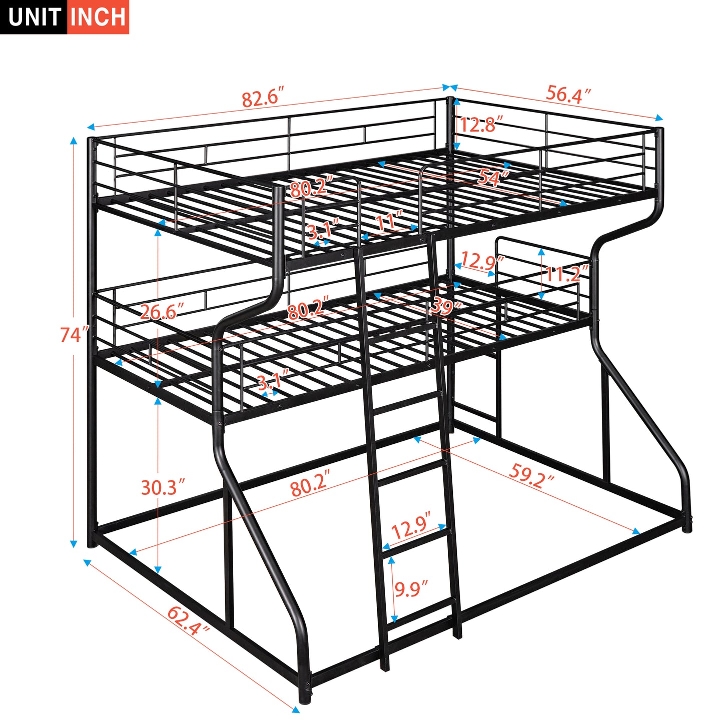 Full XL over Twin XL over Queen Size Triple Bunk Bed with Long and Short Ladder,Black